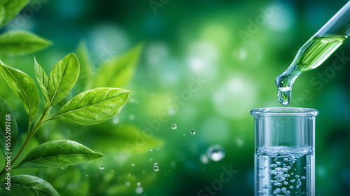 Close-up of pipette dropping liquid into glass test tube with green leaves, symbolizing eco-friendly biotechnology research green chemistry, sustainable science, environmental inno
