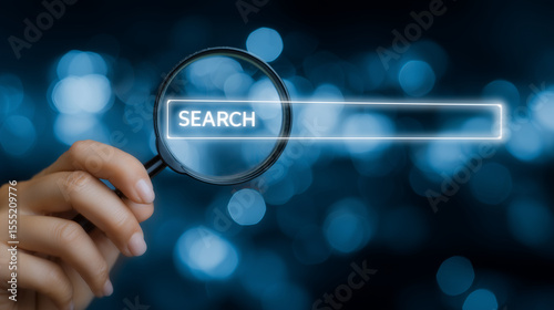 A hand holding a magnifying glass in front of a glowing digital search bar interface on a blue background, symbolizing information discovery, internet research, and data exploratio