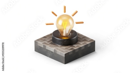 Pixel Art Yellow Light Bulb Glowing on Soft Blue Background Representing Ideas and Digital Creativity
