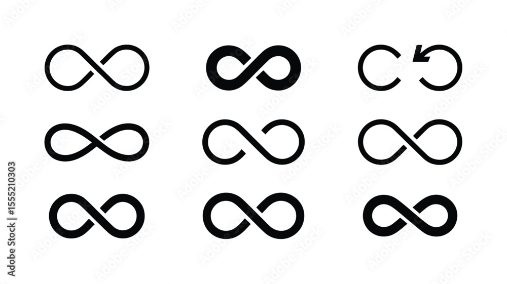 Geometric and Flowing Infinity Symbols – 10 Minimalist Icons in Black and Gray Including a Striped Textured Variation – Vector Set for Use in Logos, Designs, Tattoos, and Digital Projects Geometric and Flowing Infinity Symbols – 10 Minimalist Icons in Black and Gray Including a Striped Textured Variation – Vector Set for Use in Logos, Designs, Tattoos, and Digital Projects