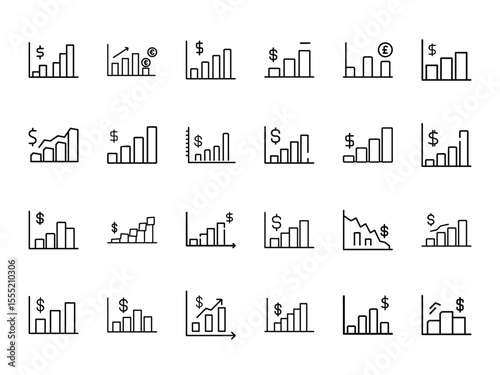Currency Bar Graph Icon Set in Minimal Silhouette Style – Financial Growth and Decline Graph Line Icons Featuring Dollar, Euro, and Pound Symbols for Finance, Economy, and Business Analytics Interface