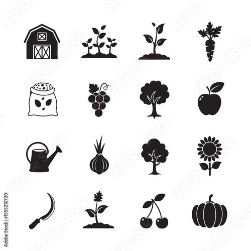 A Collection of Farm and Garden Icons Representing Agriculture, Harvesting, and Rural Life in a Simple Black and White Style