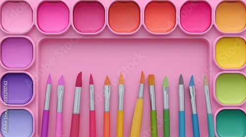 Watercolor palette with brushes and empty mixing well