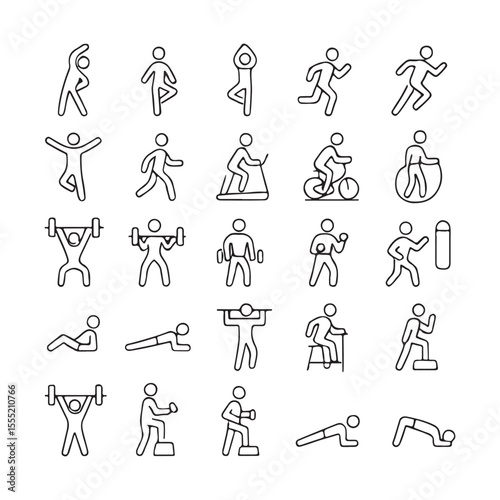Line Art Illustrations of Fitness Exercises Diverse Range of Activities for a Healthy Lifestyle and Well Being Pictograms