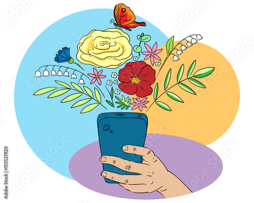 A smartphone in the hand, surrounded by flowers, leaves, and a butterfly above the screen, with three colorful circles in the background. Vector illustration.