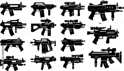 Collection of stylized black silhouette assault rifles and submachine guns with scopes and magazines on a white background