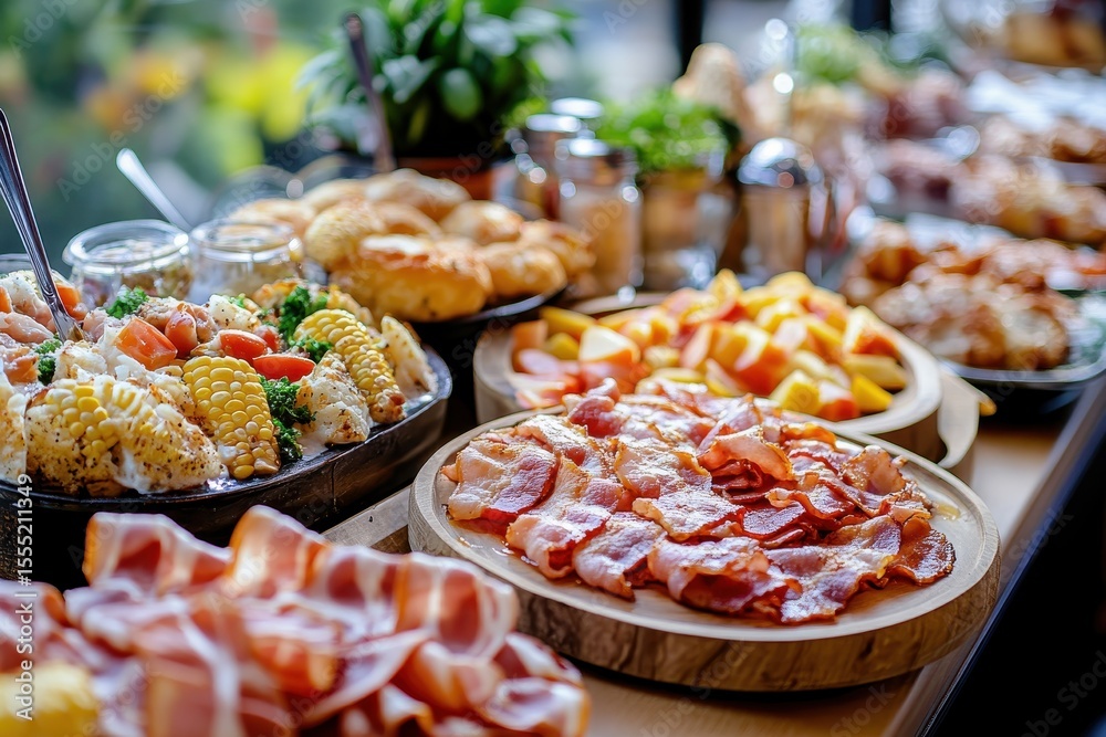 Fototapeta premium Indulgent Breakfast Catering: A Luxurious Brunch Buffet Experience at Upscale Cafes with Bacon Delights and Festive Celebration Choices