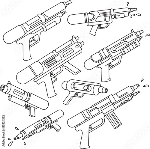 Collection of outline drawings of various water guns and squirt guns with water droplets on a white background