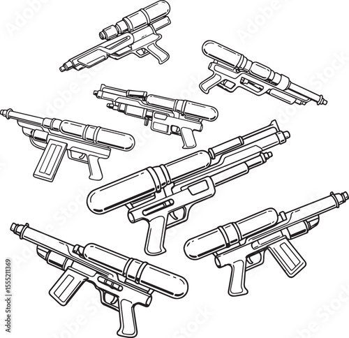 Collection of stylized black and white line art illustrations of futuristic laser blasters and ray guns arranged on a white background
