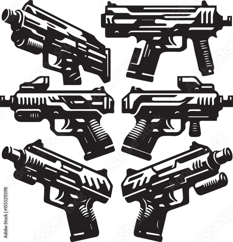 Collection of stylized black and white vector illustrations of modern firearms and submachine guns with tactical sights