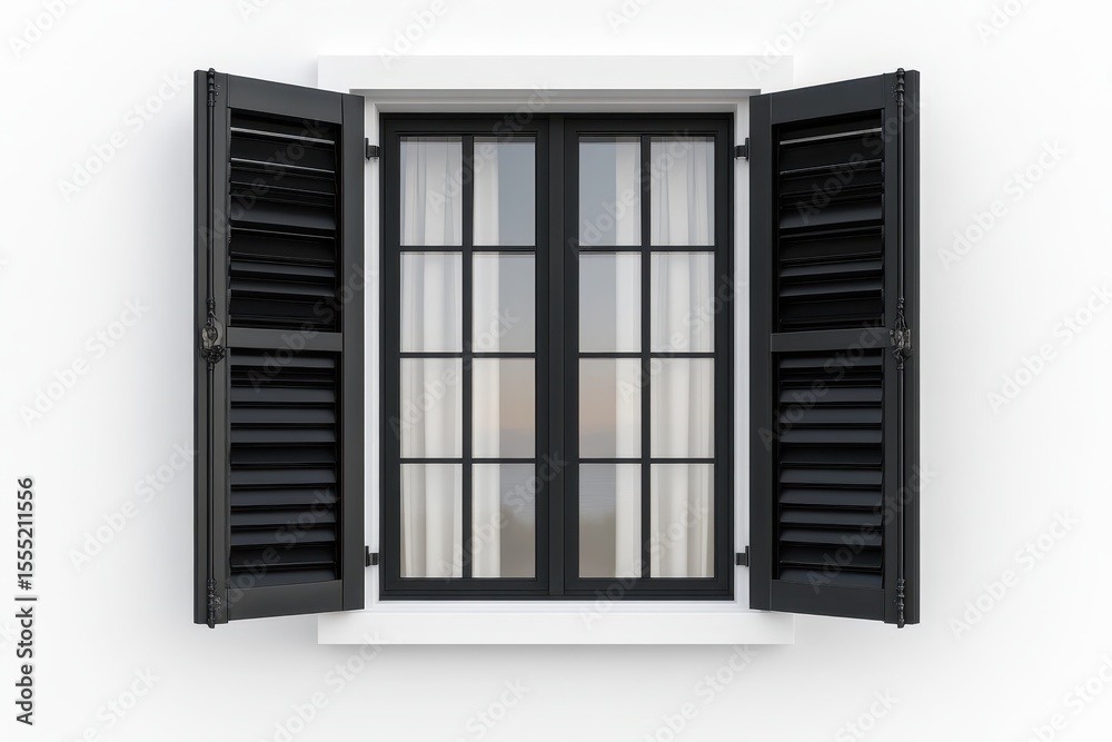 Fototapeta premium Modern Black Shutter on Open White Window. 3D Render of Architectural Element Isolated on Bright Background