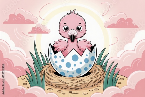 Cute Pink Flamingo Chick Hatching from Egg in a Nest, A whimsical illustration of a baby flamingo emerging from its egg nestled in a straw nest.
