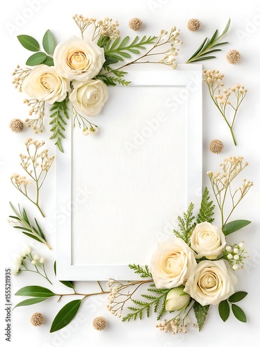 weeding Floral Frame with White Roses: Delicate white roses and verdant foliage artfully arranged around a pristine frame, creating an image of elegance and natural beauty.
