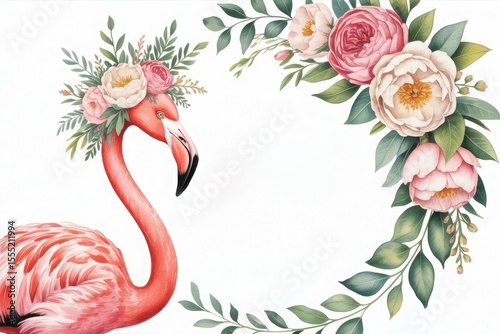 Delicate Flamingo with Floral Crown, A beautiful illustration features a pink flamingo adorned with a floral crown of soft pinks and whites peonies and greenery.