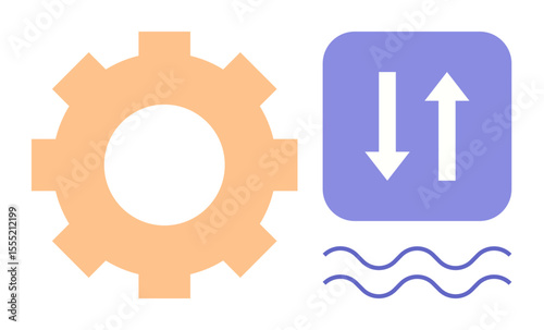 Orange gear symbol next to up-down arrows and waves indicating systems, efficiency, operations, and connections. Ideal for industry, workflow, optimization, management, technology strategy simple