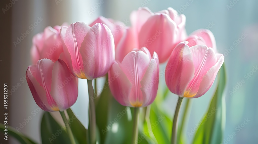 Fototapeta premium Soft pink tulip bouquet arranged in gentle daylight captured in macro for floral design and seasonal calm beauty