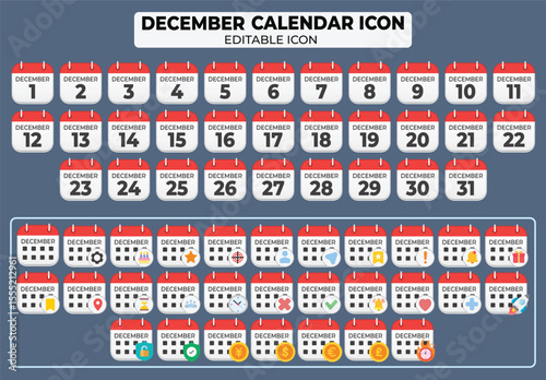 December calendar icon set featuring editable designs for important dates and events in a vector format