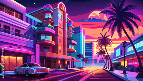 Palm trees sway along Ocean Drive under neon pink and blue lights. Art Deco buildings line the street with glowing windows, while the breeze carries the scent of saltwater. A classic car passes by 