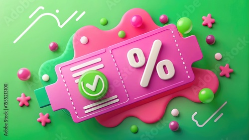 Green Discount Ticket with Checkmark and Percent Symbols on Playful Pink Background Representing Sales and Promotions

