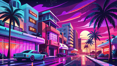 Palm trees sway along Ocean Drive under neon pink and blue lights. Art Deco buildings line the street with glowing windows, while the breeze carries the scent of saltwater. A classic car passes by 