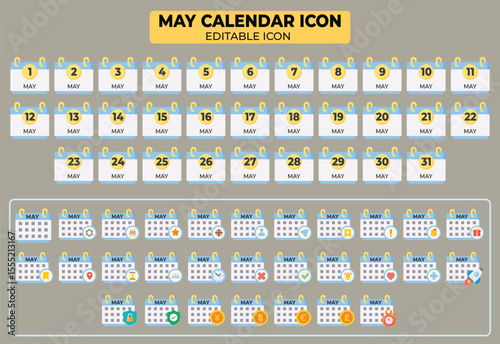 A comprehensive set of May calendar icons for planning and scheduling throughout the month