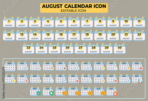 August Calendar Icon Set with Editable Design Elements for Scheduling and Reminders