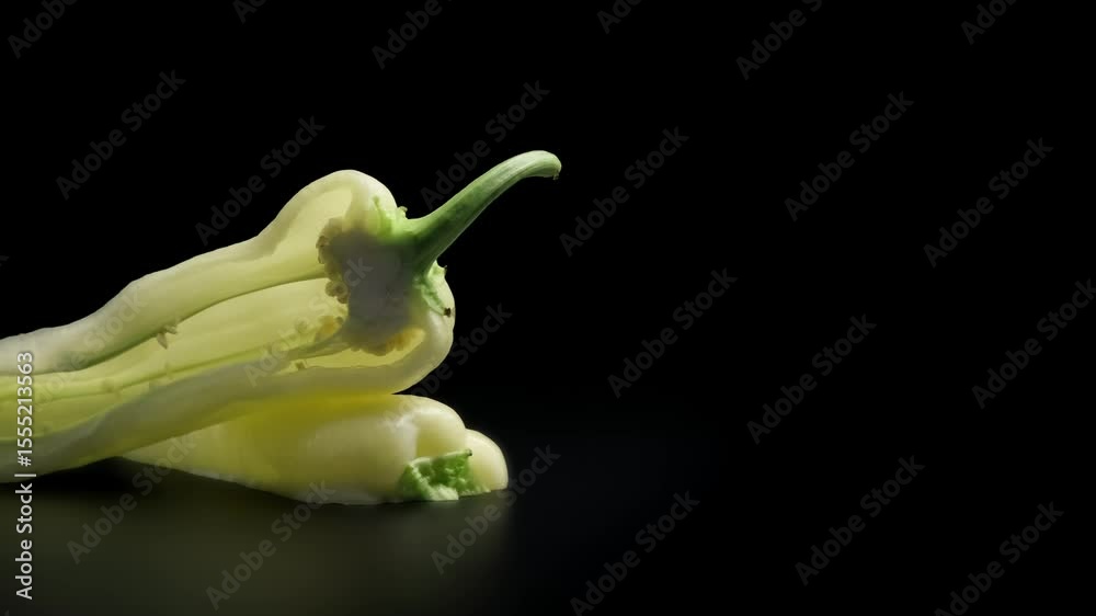 Close-up of fresh pale green chili peppers sliced in half on sleek black surface with dramatic lighting