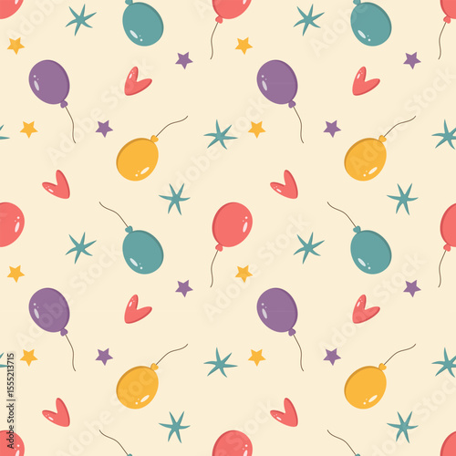 Seamless pattern of balloons, stars, hearts, confetti on a light beige background. Cheerful festive background. Vector illustration
