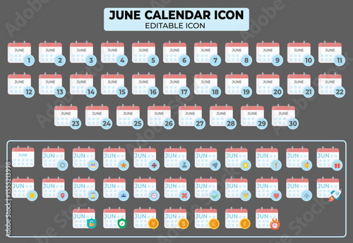 Vector illustration June calendar icon, a complete set of editable calendar vector graphics with additional symbol on the bottom
