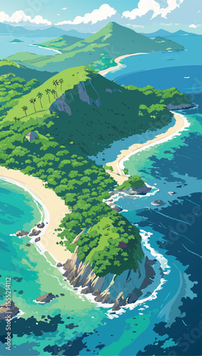 Tropical Island Landscape with Rainbow and Blue Ocean. Vector Illustration