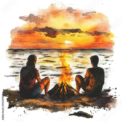 Sunset Beach Bonfire Friends, watercolor clipart vector, isolated on a white background.