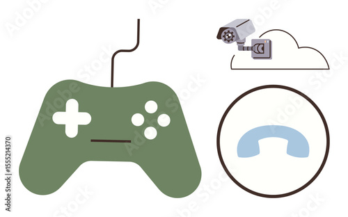 Green gaming controller with buttons, wall-mounted security camera, and blue phone receiver inside a circle. Ideal for gaming, interaction, surveillance, communication, technology, privacy