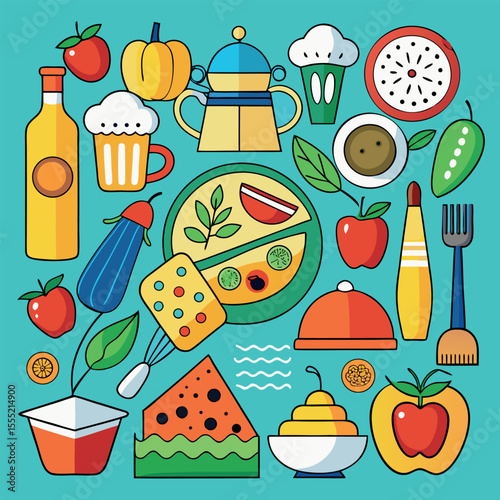 Colorful Hand-Drawn Food and Kitchen Utensil Icons – Fun Doodle-Style Vector Set Featuring Cooking Tools, Ingredients, and Culinary Elements – Isolated on White Background
