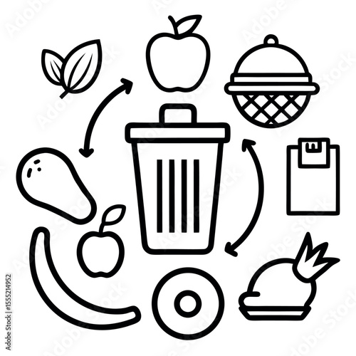 Food Waste Icons – Black and White Vector Line Art Set Featuring Trash Bins, Leftovers, and Spoiled Food Symbols – Minimalist Eco and Sustainability Illustration Pack