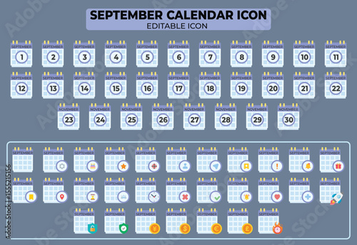 September Calendar Icon Set with Editable Designs for Event Planning and Scheduling, Suitable for Various Business Purposes