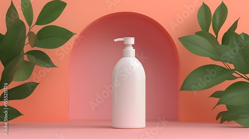 White body wash bottle mockup placed in front of minimal pink and orange arch with green leaves