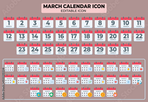 Collection of March Calendar Icons with Dates and Social Media Notifications for Planning and Schedules