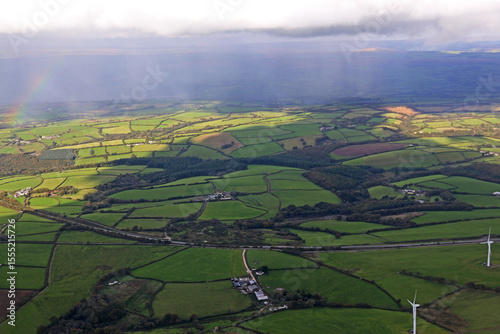 Aerial view of rain above the fields of North Devon, England	