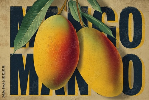 Classic tropical fruit poster with mango illustration, weathered paper texture, bold typographic slogan, retro graphic design