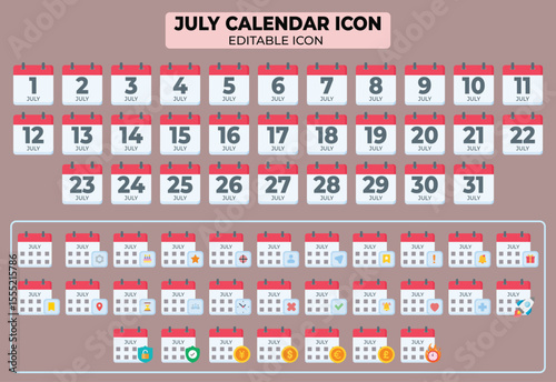 July Calendar Icon Set: Editable Vector Graphics for Design and Planning with Cute Daily Icons
