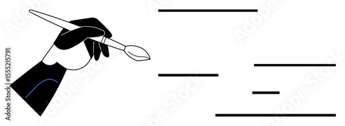 Hand gripping a paintbrush crafting abstract black and white lines. Ideal for creativity, art, design, expression, inspiration, minimalism, simple landing page