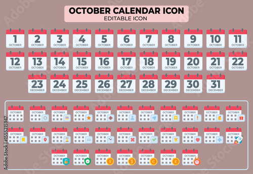 Editable October Calendar Icon Set with all 31 Days and Various Event Markers