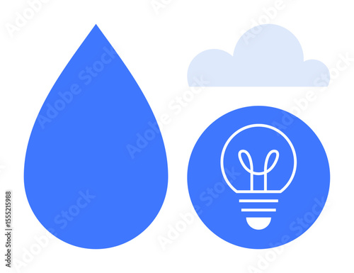 Blue water drop, light bulb in circle, and cloud representing renewable resources, green energy, and climate care. Ideal for sustainability, environmental, energy, ecology creativity innovation