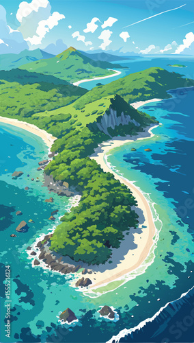 Tropical Island Landscape with Rainbow and Blue Ocean. Vector Illustration