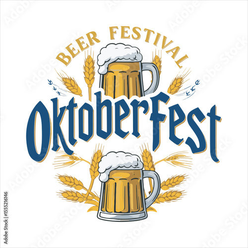 Oktoberfest Beer Festival Typography with Beer Mugs and Wheat,Traditional Oktoberfest Banner with Beer and Barley Design,Oktoberfest Poster with Beer Glasses and Hops Decoration