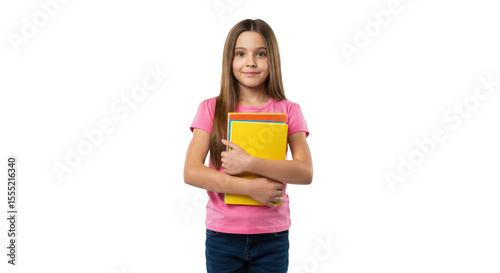 Little girl holding books – cheerful child student in casual clothes standing with stack of books, isolated on transparent PNG background – education, back to school, learning concept image