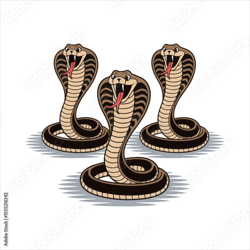 Cartoon Cobra Snake Vector Set,Aggressive Cobra Snake Illustration,Coiled Cobra Snake Clipart Collection,Vector Cobras with Fangs and Hood,Dangerous Snake Mascot Design,Colorful Cobra Snake Artwork
