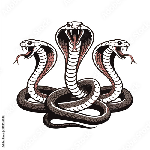 Cartoon Cobra Snake Vector Set,Aggressive Cobra Snake Illustration,Coiled Cobra Snake Clipart Collection,Vector Cobras with Fangs and Hood,Dangerous Snake Mascot Design,Colorful Cobra Snake Artwork