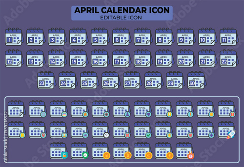 April Calendar Icon Collection: Editable Vector Set for Planning and Scheduling, available for commercial use