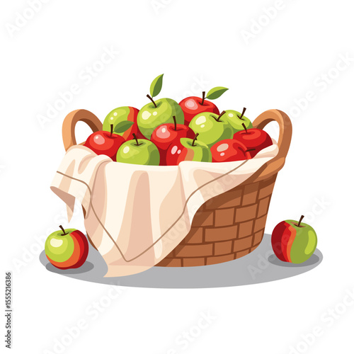 Fresh apples in wicker basket with cloth on white background  
